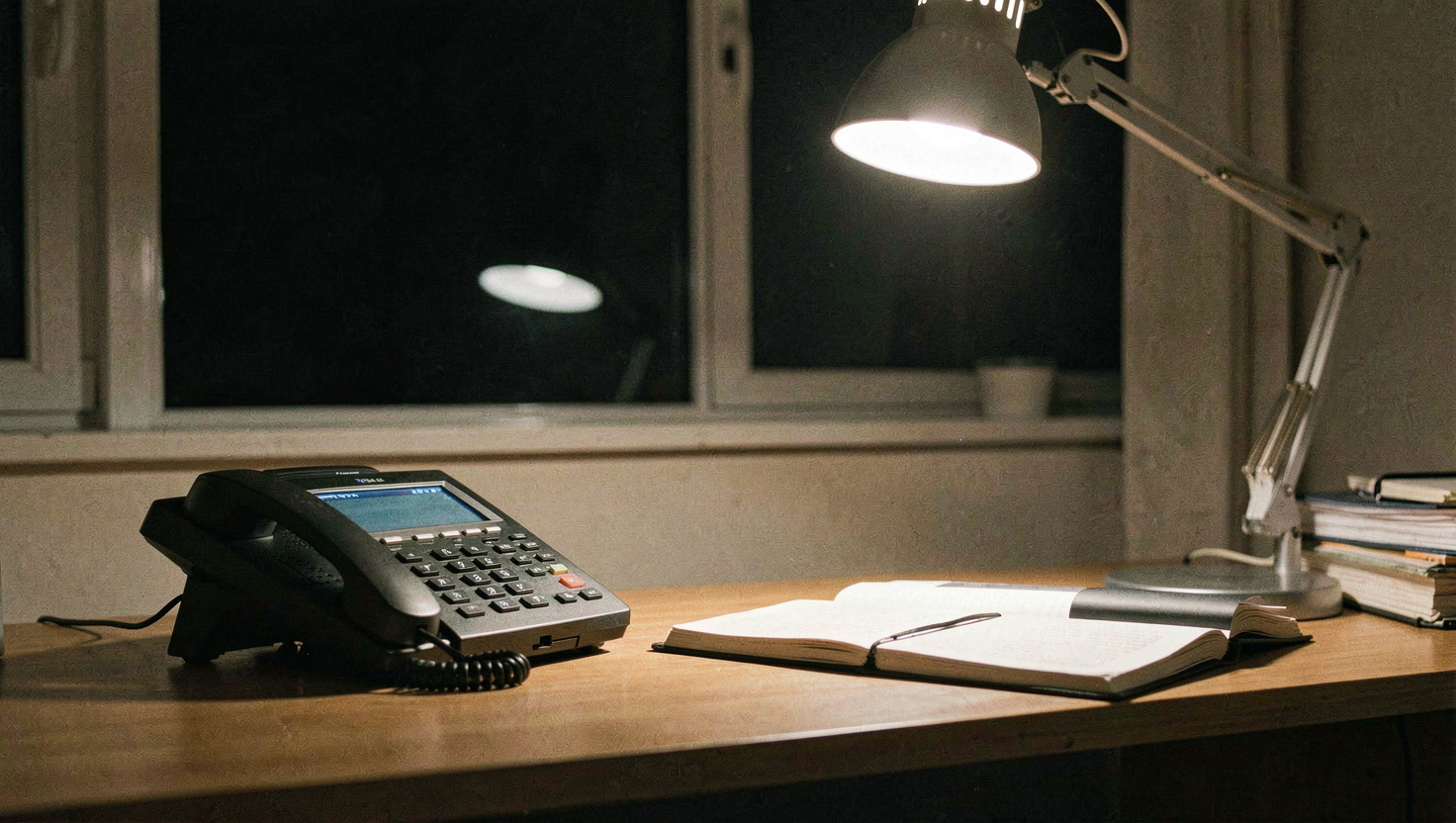Bureau d'astreinte à deux heures du matin, téléphone posé écran allumé à côté d'un carnet ouvert, lampe articulée en lumière rasante, fenêtre noire derrière, cadrage serré en plongée