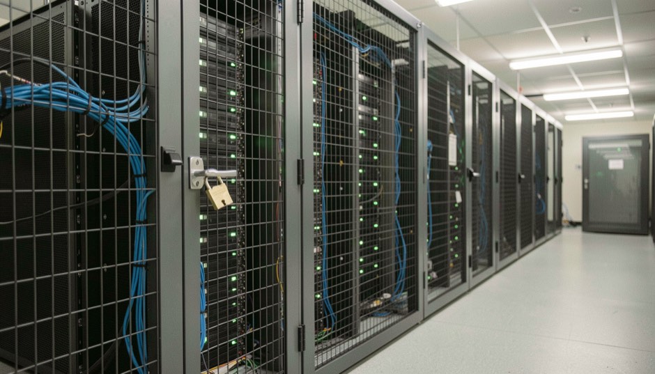 Cage grillagée de colocation dans un centre de données, porte fermée par un cadenas, serveurs en rack derrière le grillage avec voyants verts et câbles bleus, plancher technique gris, lumière néon blanche, plan moyen