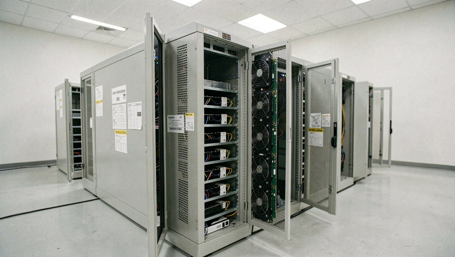 Châssis de serveurs lames portes ouvertes dans une salle blanche, modules extraits à moitié laissant voir les dissipateurs, étiquettes d'inventaire collées en façade, lumière blanche uniforme, cadrage de trois quarts
