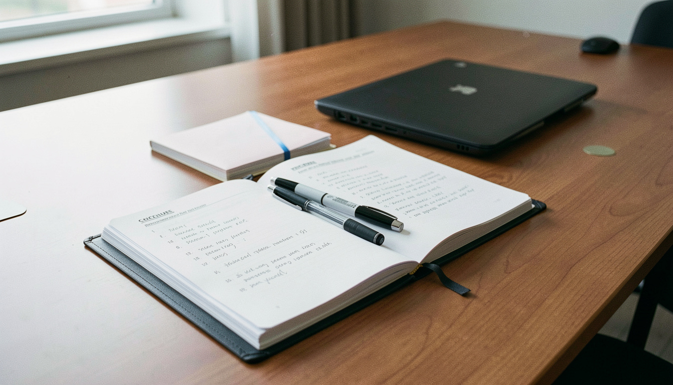 Classeur de procédures ouvert sur une table de réunion, intercalaires numérotés et pages annotées au crayon, deux stylos posés en travers, ordinateur portable fermé au second plan, lumière de fenêtre latérale, cadrage en plongée