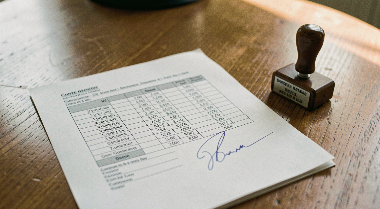 Compte rendu d'exercice imprimé et signé à la main en bas de page, tableau de durées rempli au stylo, tampon dateur posé à côté, table de réunion en bois, lumière du jour, cadrage en plongée serré