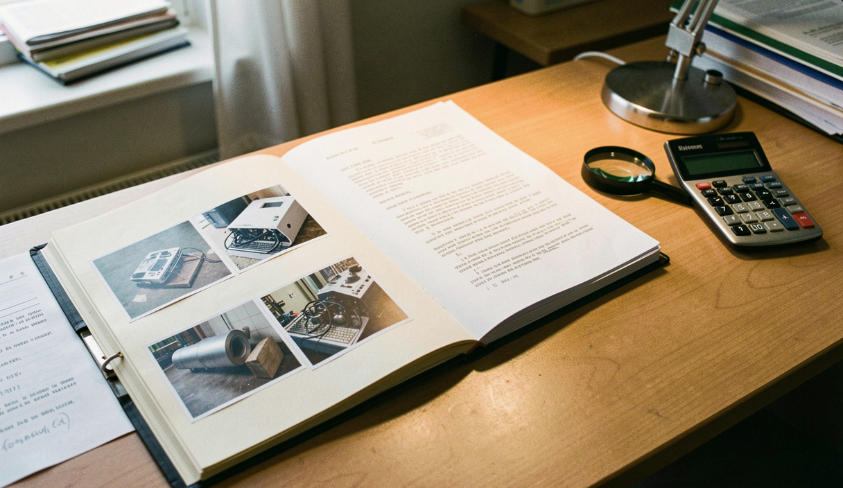 Dossier d'expertise ouvert sur un bureau, photographies de matériel endommagé agrafées à des feuillets dactylographiés, loupe et calculatrice posées à côté, lumière de lampe de bureau, cadrage en plongée
