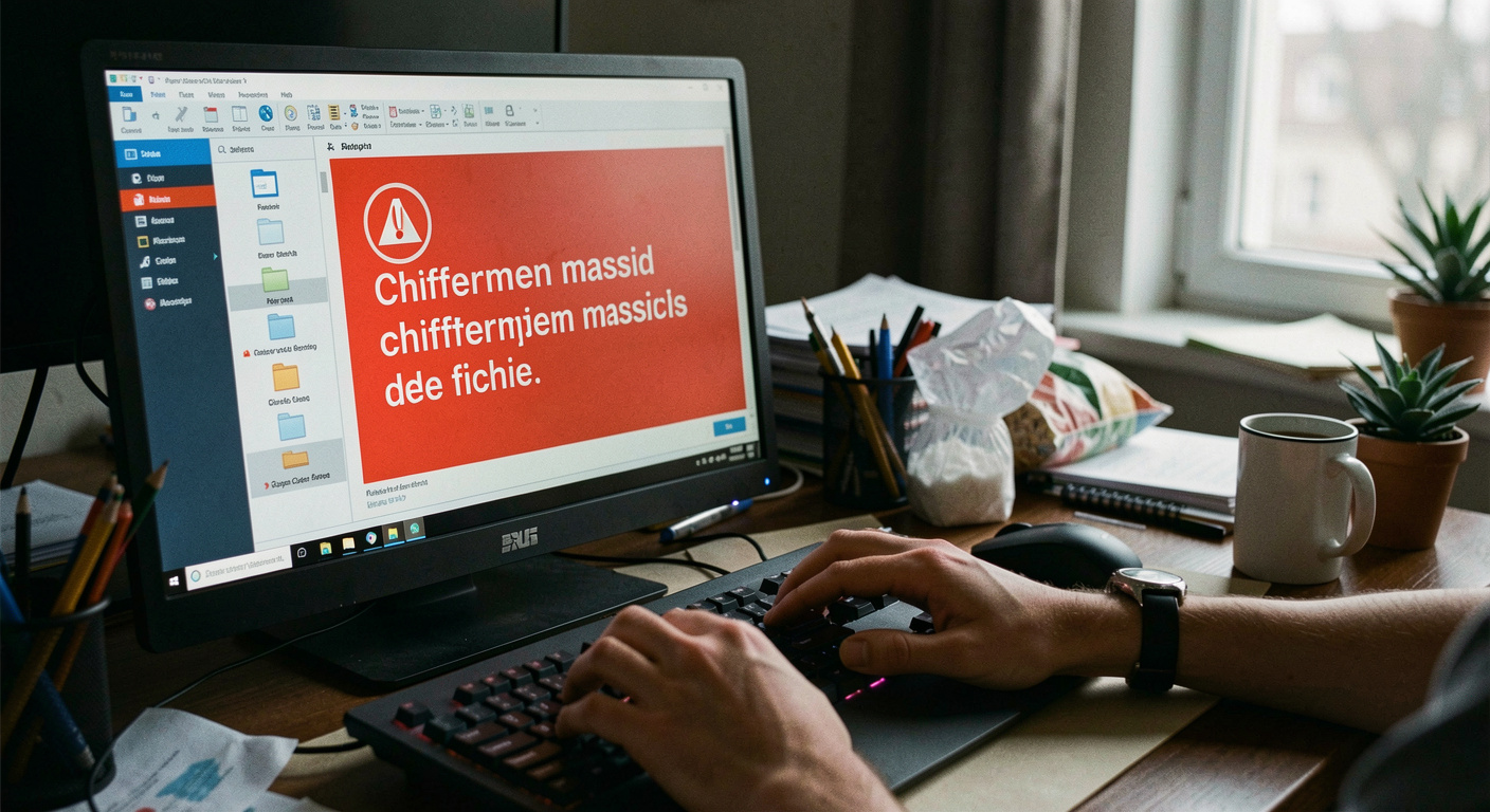 Écran de supervision affichant une alerte rouge de chiffrement massif de fichiers, mains d'un technicien immobiles sur le clavier, bureau en désordre, lumière bleutée de l'écran dans une pièce sombre, cadrage serré