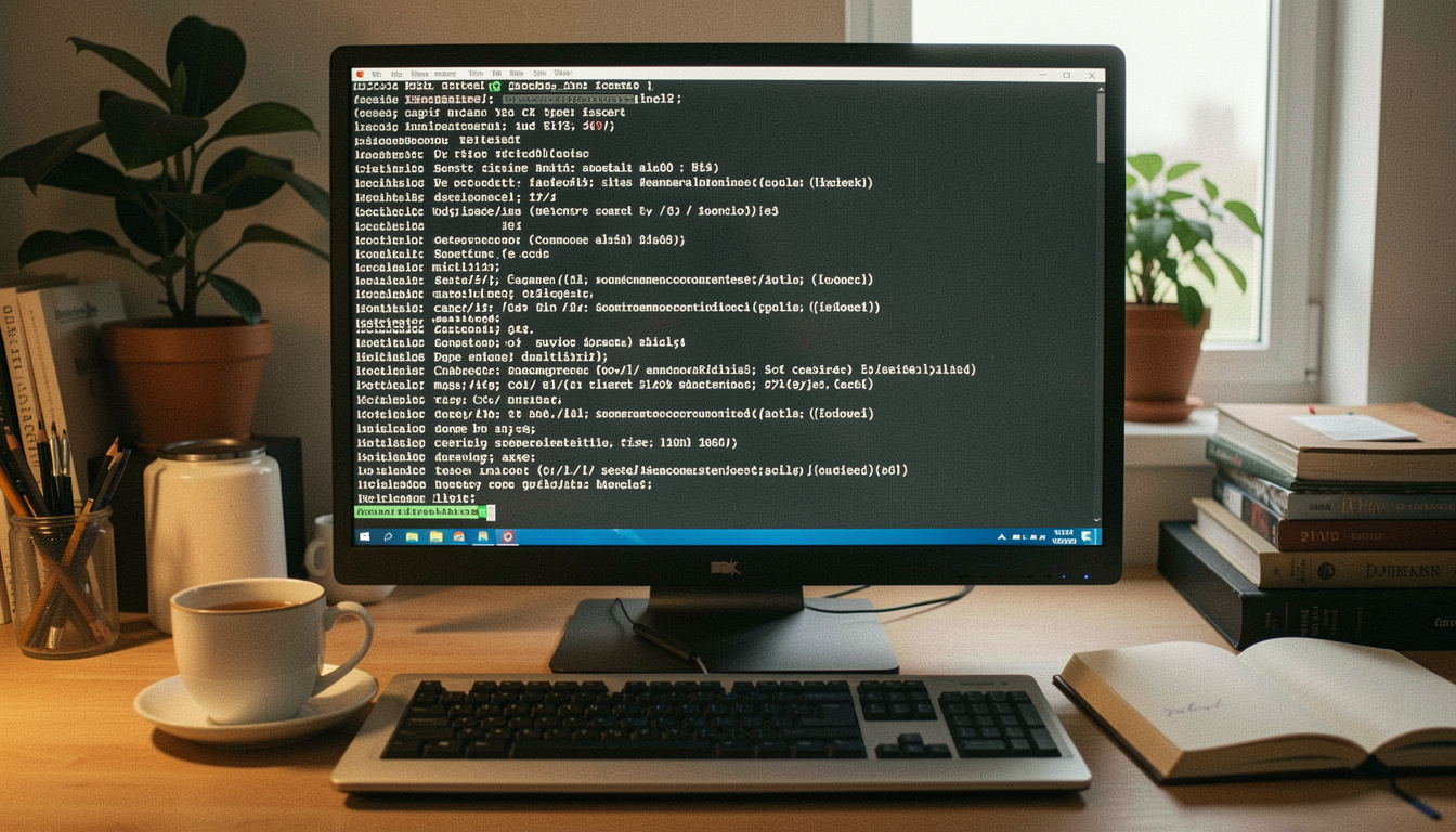 Terminal plein écran affichant une longue sortie de commande en texte clair sur fond sombre, curseur clignotant en bas, tasse de thé et carnet ouvert à côté du clavier, bureau éclairé par la seule lueur de l'écran, cadrage frontal serré