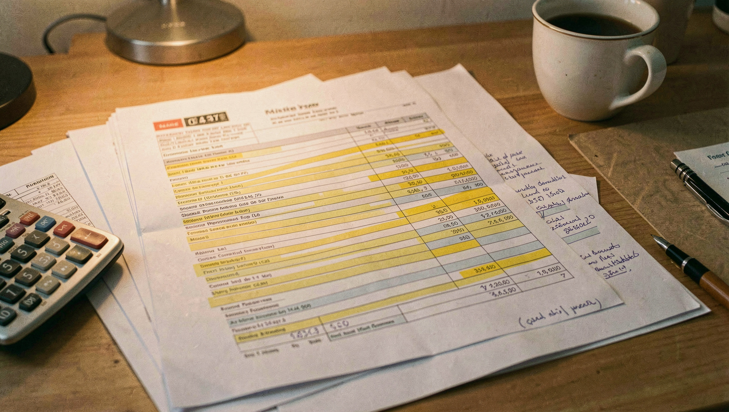 Facture détaillée imprimée sur plusieurs pages étalées sur un bureau, lignes surlignées en jaune et annotations au crayon dans la marge, calculatrice et tasse de café en bord de cadre, lumière de lampe de bureau chaude, cadrage en plongée