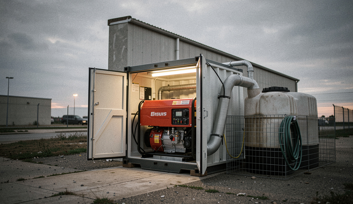 Groupe électrogène de secours installé dans un caisson insonorisé à l'arrière d'un bâtiment technique, cuve à carburant grillagée à côté, tuyau de remplissage enroulé, ciel gris de fin de journée, cadrage large de trois quarts