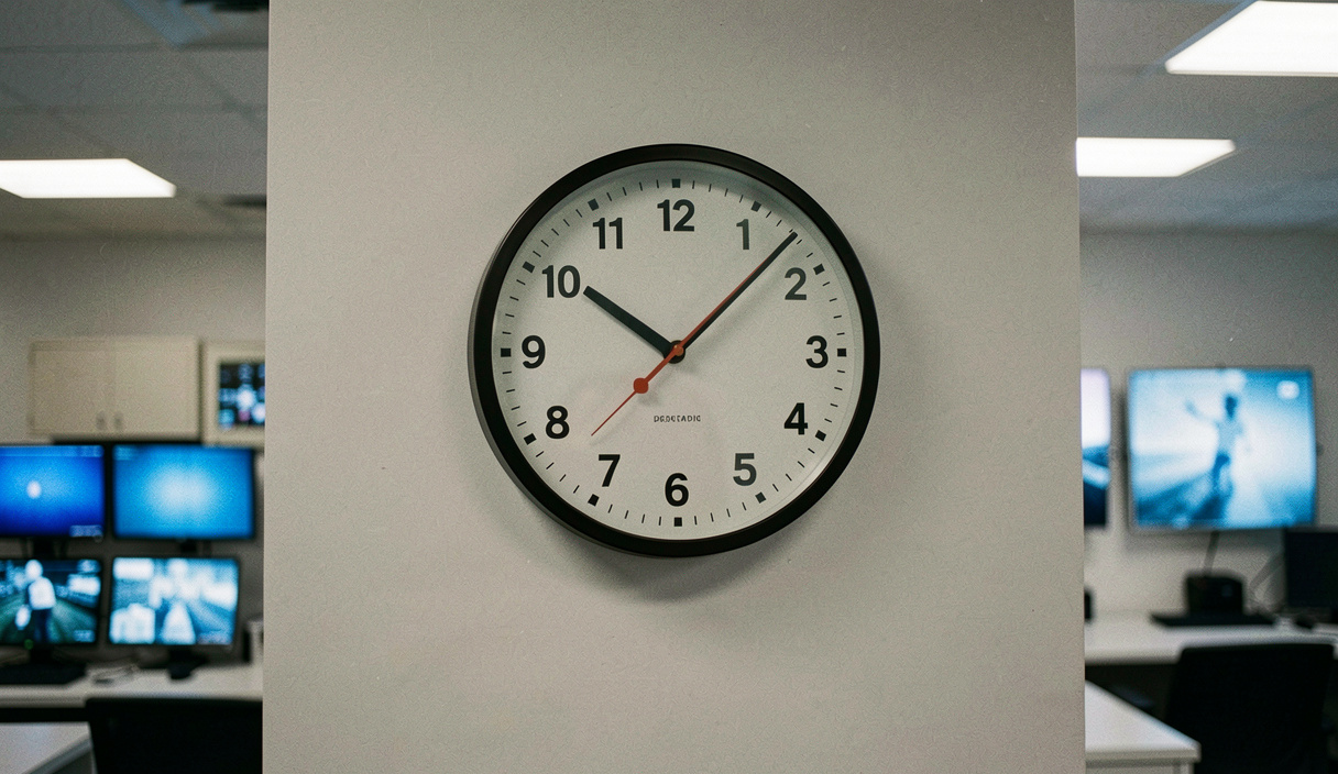 Horloge murale ronde à aiguilles affichant deux heures du matin dans une salle de supervision, écrans de surveillance flous en arrière-plan diffusant une lueur bleue, mur gris clair, cadrage frontal légèrement contre-plongé
