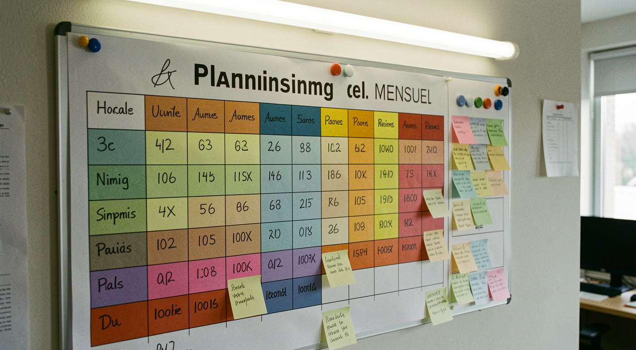 Planning mensuel imprimé et punaisé au mur d'un bureau technique, semaines colorées par personne avec des initiales manuscrites, aimants et post-it collés sur certaines cases, lumière de néon, cadrage frontal