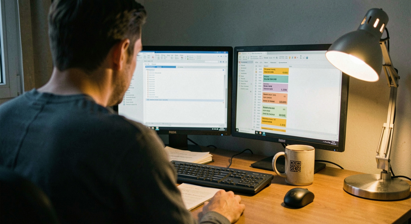 Poste d'astreinte de nuit, un technicien de dos devant deux écrans montrant une file de tickets, mug posé sur le bureau, lampe d'appoint chaude contre l'obscurité du plateau, cadrage par-dessus l'épaule