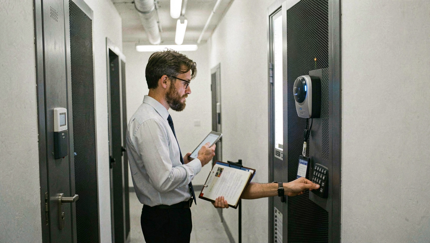 Auditeur en chemise consultant une tablette devant une porte de salle serveur équipée d'un lecteur de badge et d'un clavier à code, accompagnant en arrière-plan tenant un classeur, couloir technique aux murs blancs, éclairage néon, cadrage de trois quarts