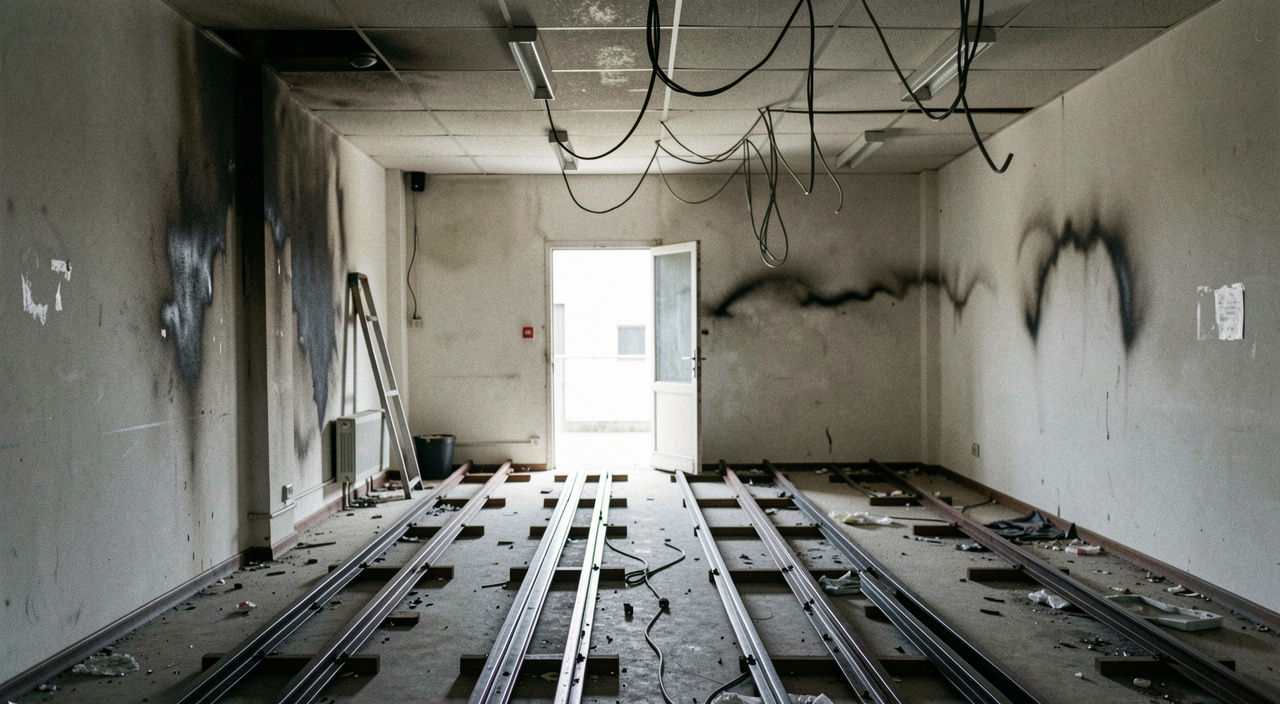 Salle technique vidée après un sinistre, rails de baies démontés au sol, chemins de câbles nus au plafond, traces de suie sur un mur, lumière grise entrant par une porte ouverte, cadrage large