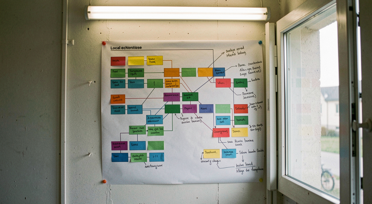 Schéma de découpage réseau imprimé en grand format et punaisé au mur d'un local technique, rectangles colorés reliés par des traits, annotations manuscrites ajoutées au feutre, baie entrouverte en bord de cadre, lumière de néon, cadrage frontal