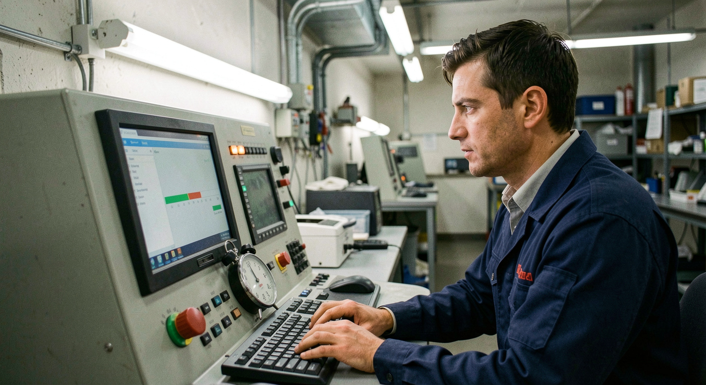 Technicien assis devant une console de restauration affichant une barre de progression, chronomètre posé à côté du clavier, salle technique éclairée au néon, cadrage de trois quarts à hauteur d'épaule