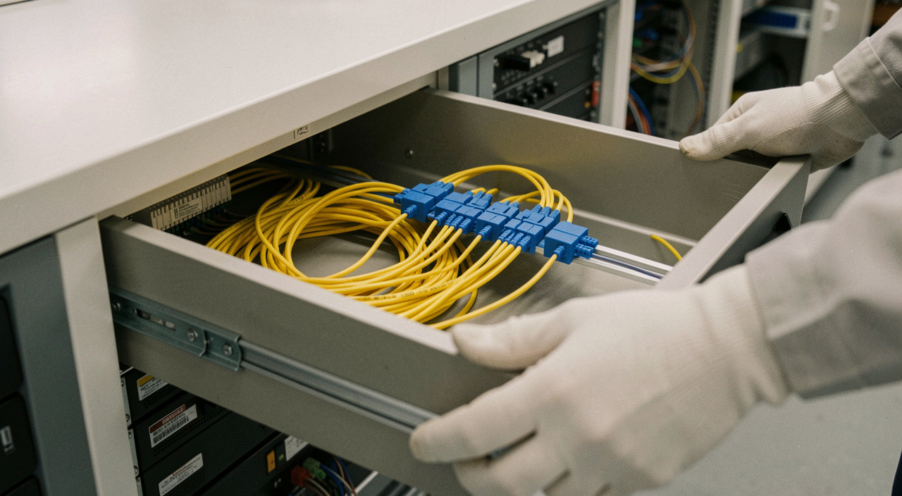 Tiroir optique tiré hors d'une baie, fibres jaunes lovées en boucles régulières, connecteurs bleus alignés sur la traverse, gant blanc d'un technicien en bord de cadre, lumière crue de plafonnier, gros plan