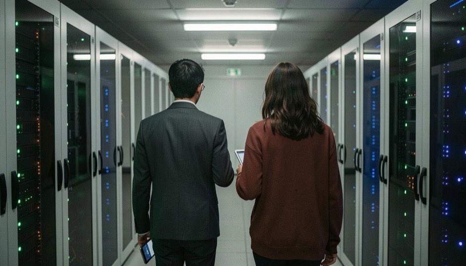 Deux personnes vues de dos marchant dans une allée de baies serveurs fermées, l'une tenant une tablette, voyants verts et bleus sur les façades, lumière froide de plafonnier, plan moyen